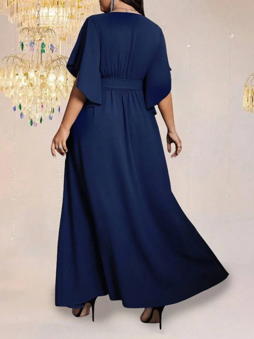 Navy Blue Elegant Women's Fitted V-Neck Flare Sleeve Maxi Dress